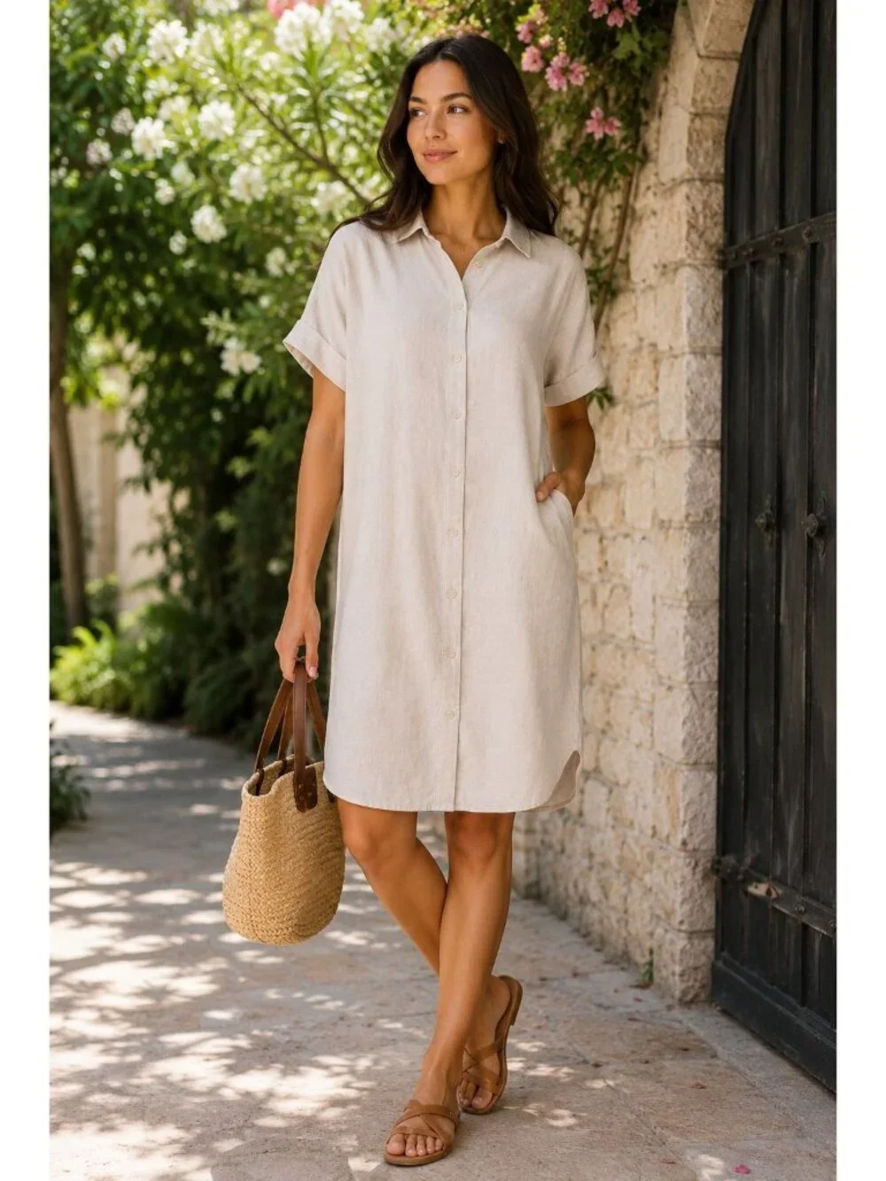 Well Worn Linen Blend Shirt Dress Medium Oatmeal Button Front Pockets